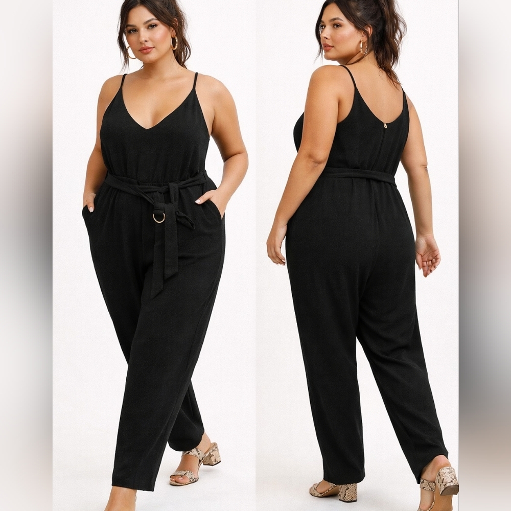 Nwt GO COCO Black Jumpsuit Matte Sleeveless Spaghetti Straps Belted 3XL